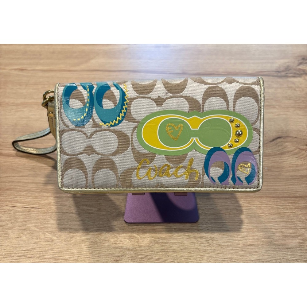 Coach Poppy Signature Graffiti Slim Envelope Wallet Khaki Gold‎ Wristlet 46438
